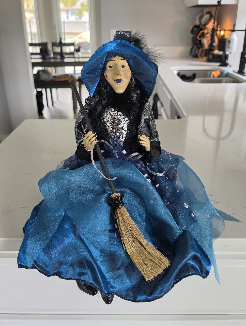 Vintage Blue & Silver Witch Doll Figurine | Halloween Gothic Tabletop